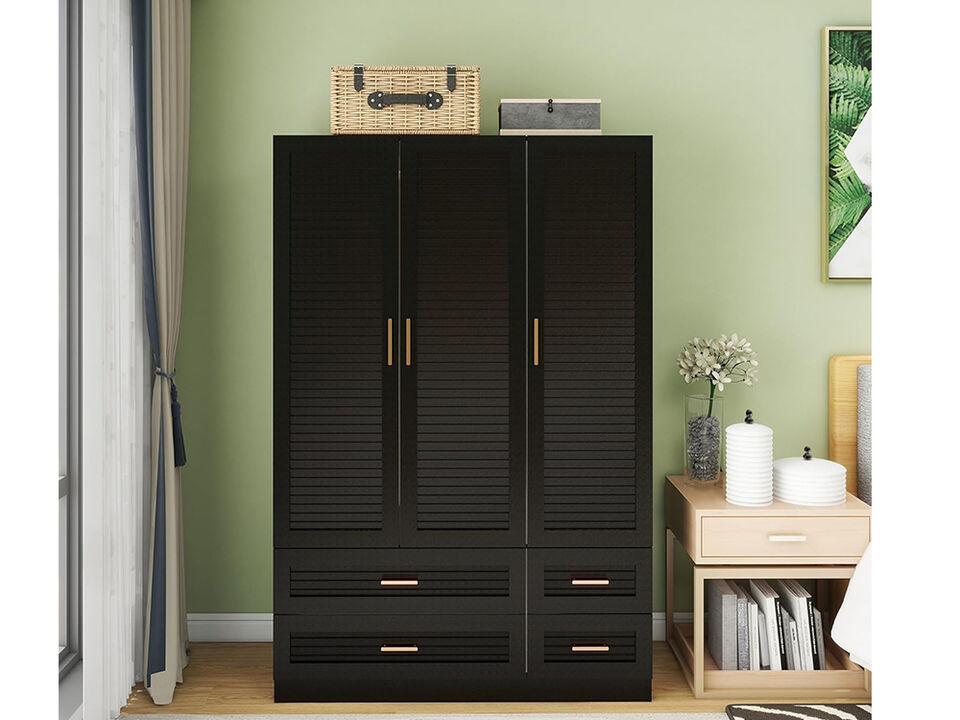 Armoire Wardrobe Closet, Wardrobe Closet with 4 Drawers and 3 Doors, Closet Organizers and Storage with Hanging Rail,Black