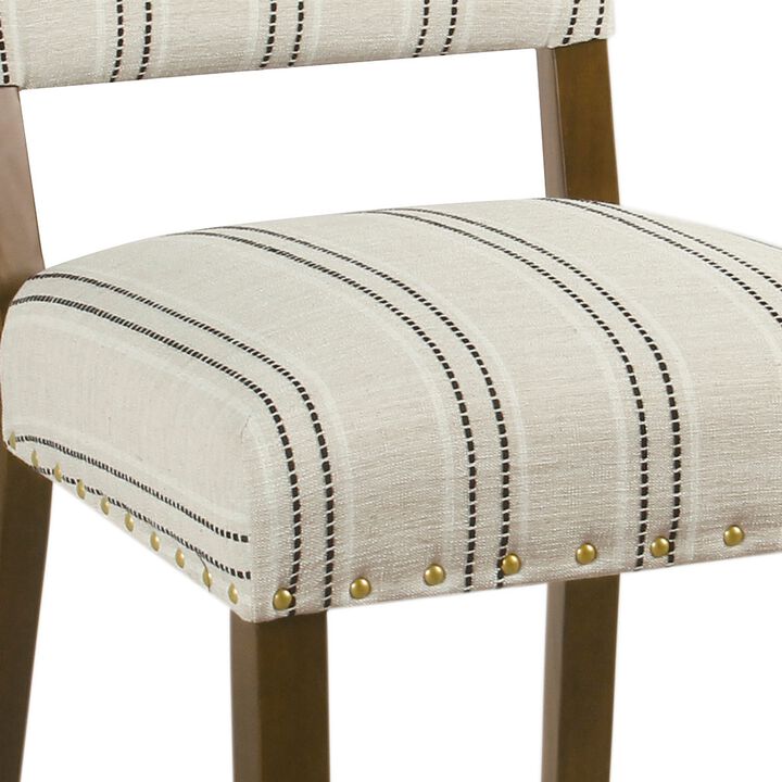 Wooden Dining Chair with Striped Pattern Fabric Cushioned Seat, Black and White, Set of Two - Benzara