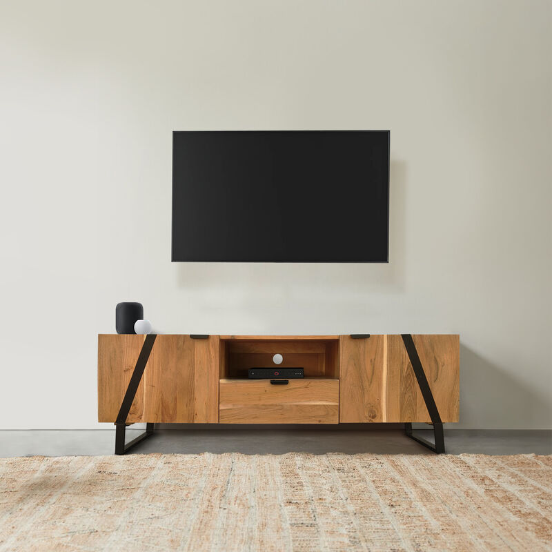 Aza 59 Inch Handcrafted TV Console with Drawer Natural Brown Acacia Wood Cabinet - Benzara