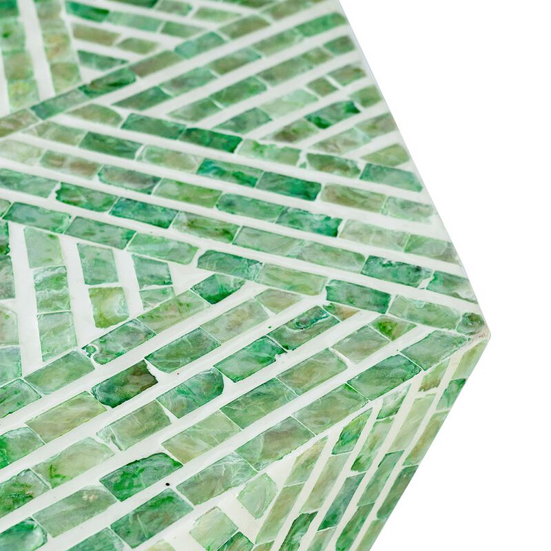 20 Inch Stool Table, Capiz Shell Inlay, Hexagonal Geometric Design, Green - Benzara