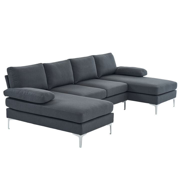 4-Seater U-Shaped Indoor Modular Sofa, Linen Seat with Wooden & Iron Frame, Gold Feet