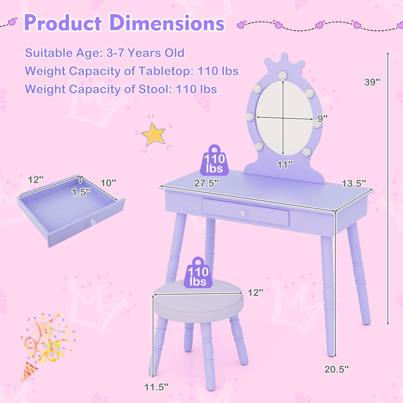 Kids Vanity Set with Lighted Mirror with Adjustable Brightness and Large Drawer