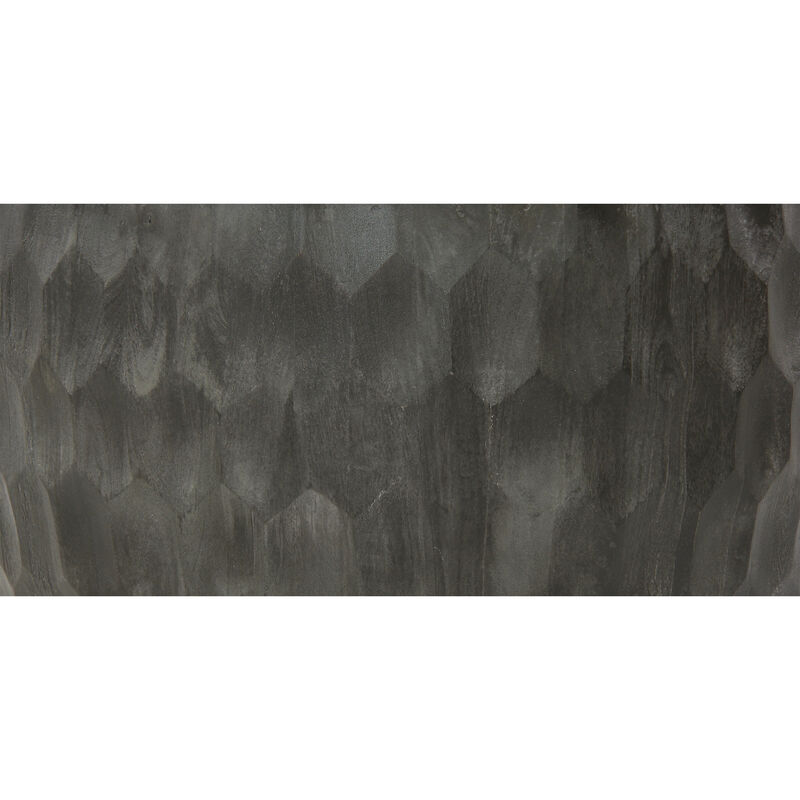Val 34 Inch Handcrafted Mango Wood Coffee Table, Hammered Round Drum Shape, Honeycomb, Rustic Gray-Benzara