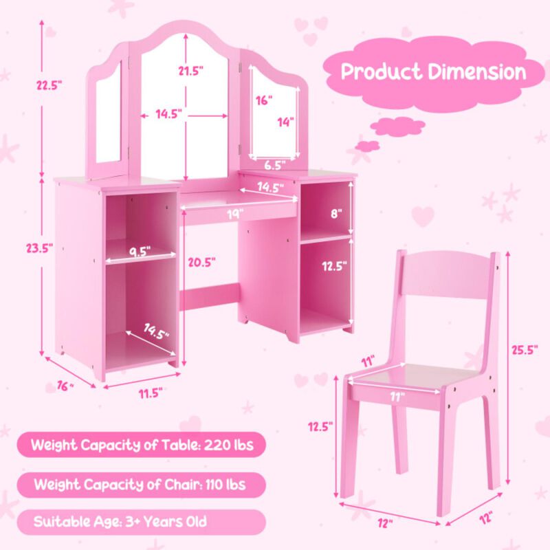 Hivvago Kids Vanity Table and Chair Set with Removable Tri-Folding Mirror