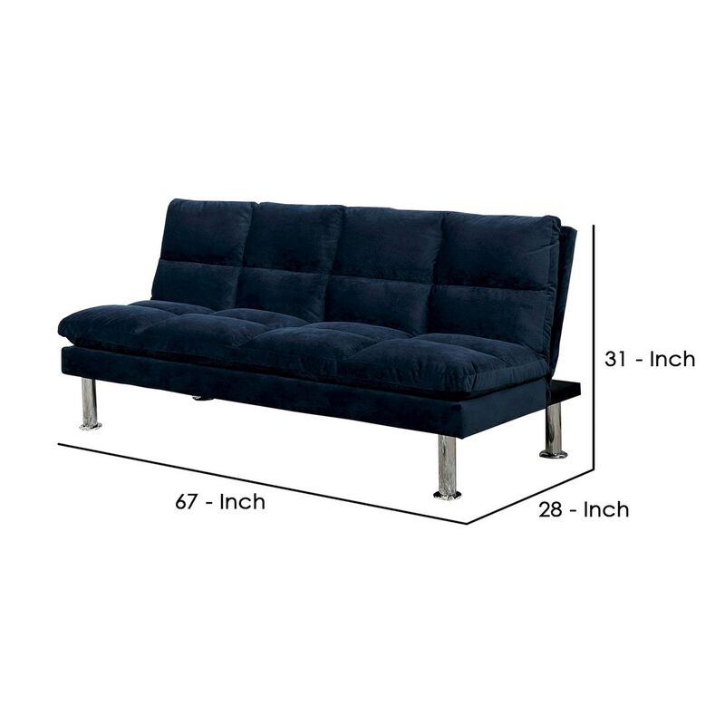 Futon Sofa with Tufted Padded Seating and Metal Legs, Blue-Benzara