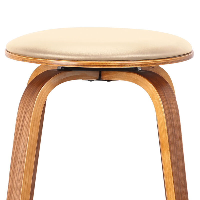 Harbor Bar Height Backless Swivel Brown Faux Leather and Walnut Wood Mid-Century Modern Bar Stool