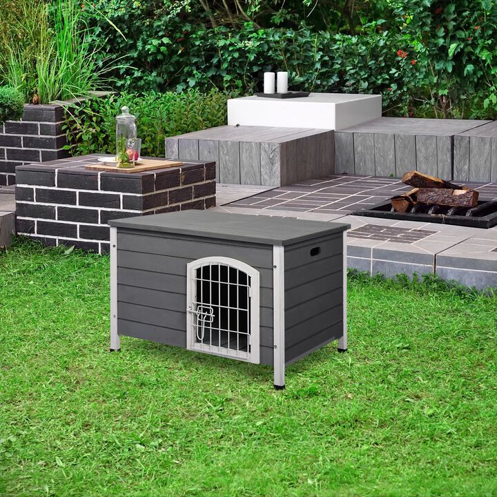 Grey Pet Sanctuary: Decorative Wooden Dog Kennel with Wire Door