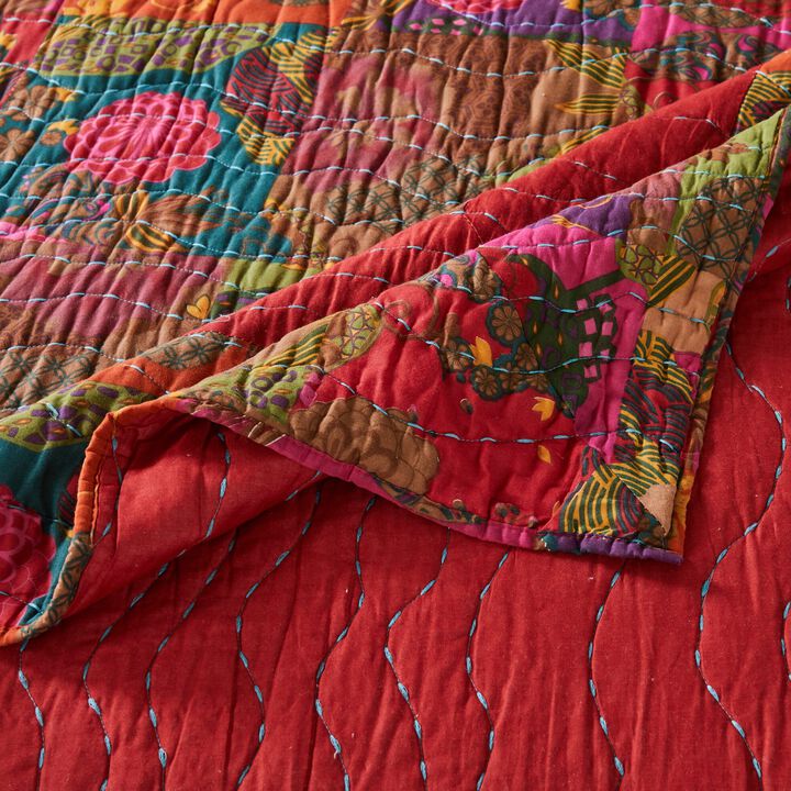 Lewi 3pc King Quilt Set, Kantha Style Dark Red Floral Cotton Microfiber