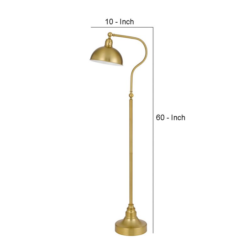 60 Inch Metal Curved Floor Lamp, Adjustable Dome Shade, Brass-Benzara