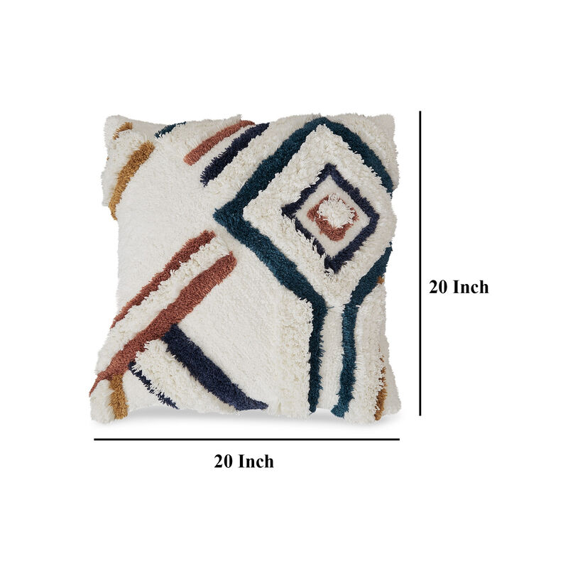 Square Accent Throw Pillow, 20 Inch, Handwoven Abstract Design, White - Benzara