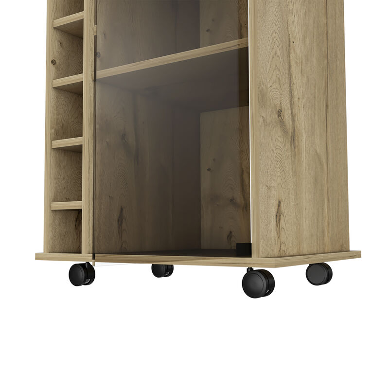 DEPOT E-SHOP Huali Bar Cart, Six Built-in Wine Rack, Glass Door, Four Casters, Two Shelves, Light Oak