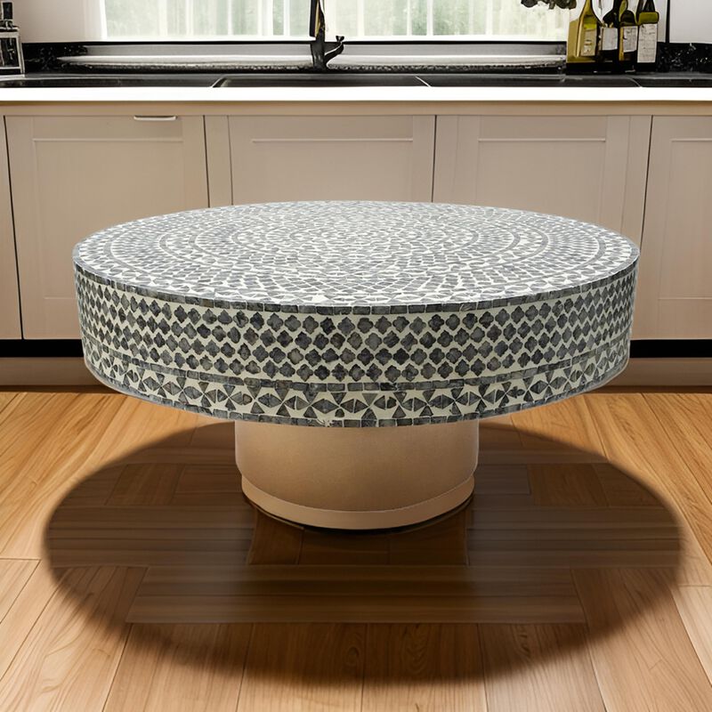 Benjara Piki 35 Inch Coffee Table, Mughal Capiz Inlaid Pattern, Gold, Gray, White and Brown