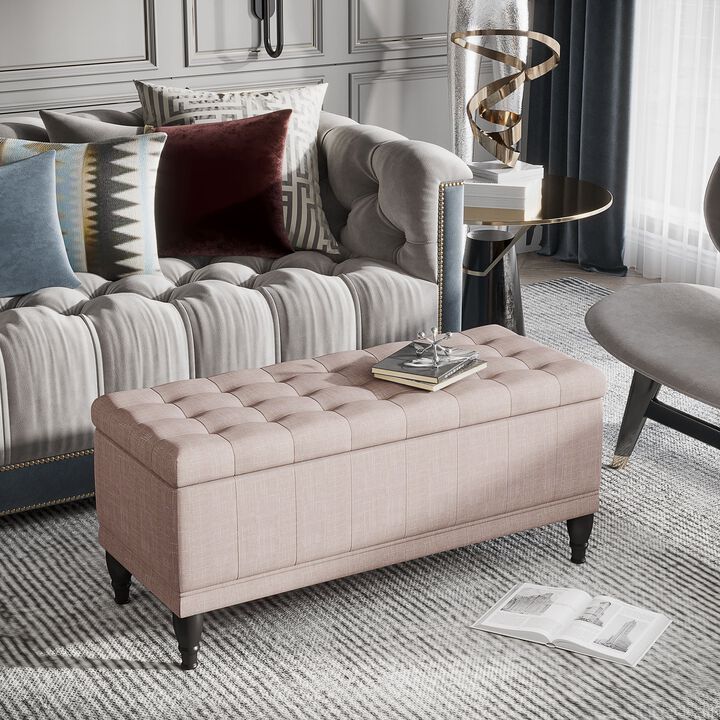 Versatile Beige Chest: 42" Tufted Linen Ottoman Bench with Soft Close Lid