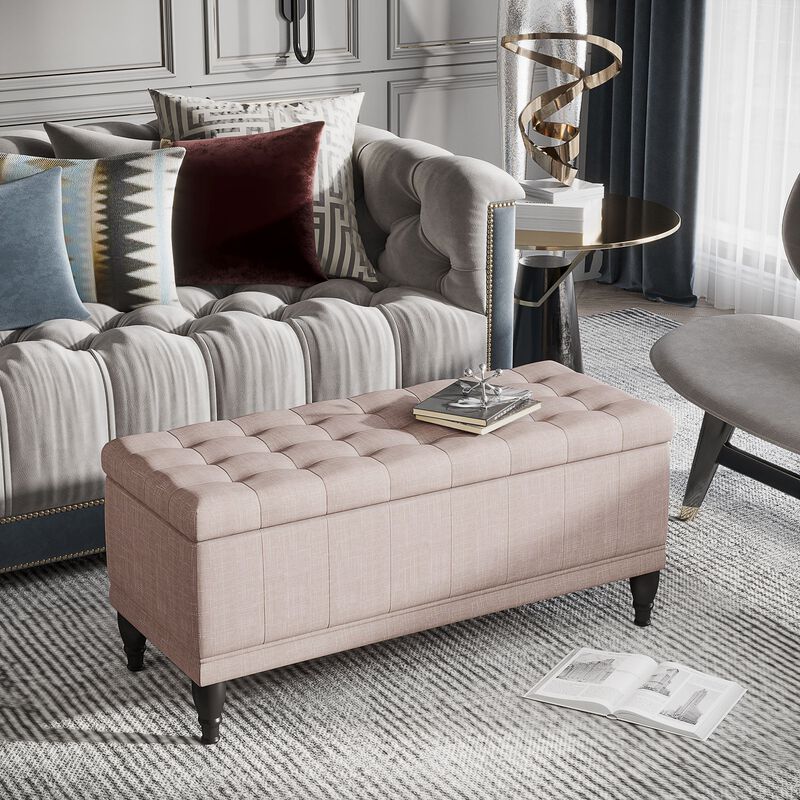 Versatile Beige Chest: 42" Tufted Linen Ottoman Bench with Soft Close Lid