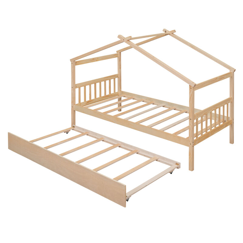 Twin Size Wooden House Bed With Twin Size Trundle, Natural