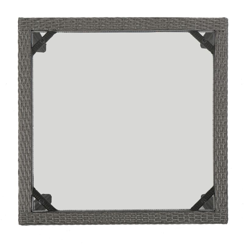 Yuzu Outdoor Dining Table, 34 Inch Square Glass Top, Gray Faux Wicker - Benzara