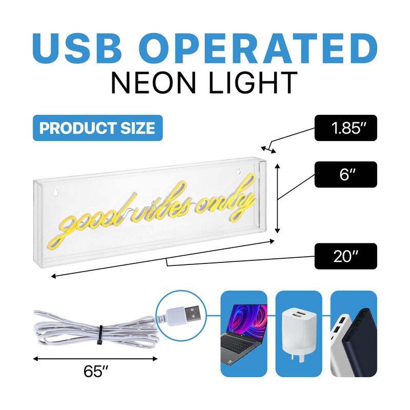 Good Vibes Only 20" X 6" Contemporary Glam Acrylic Box USB Operated LED Neon Light