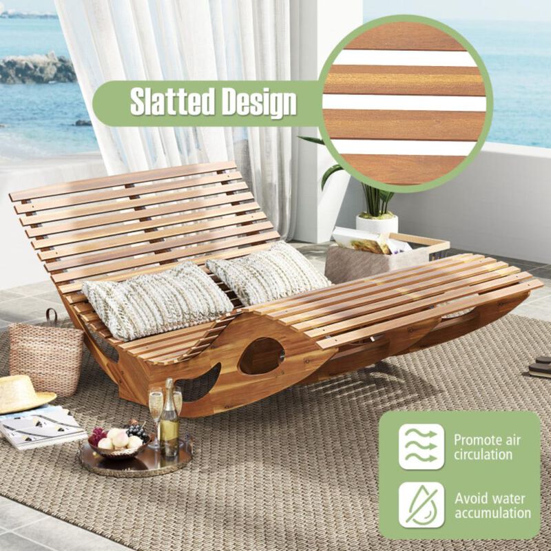 Hivvago Slatted Acacia 2-Seat Patio Dual Rocker Sunbed Wood Lounger with Ergonomic Curved Seat