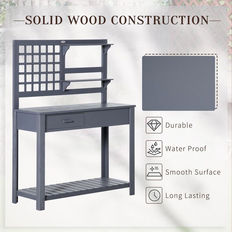 Wooden Garden Station: Potting Bench with Shelves & Drawer