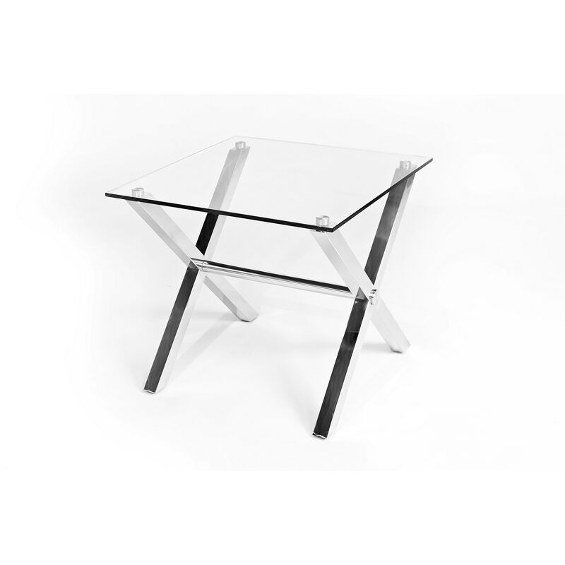 Tia 24 Inch Side End Table, Square Tempered Glass Top, X Shape Steel Legs  - Benzara