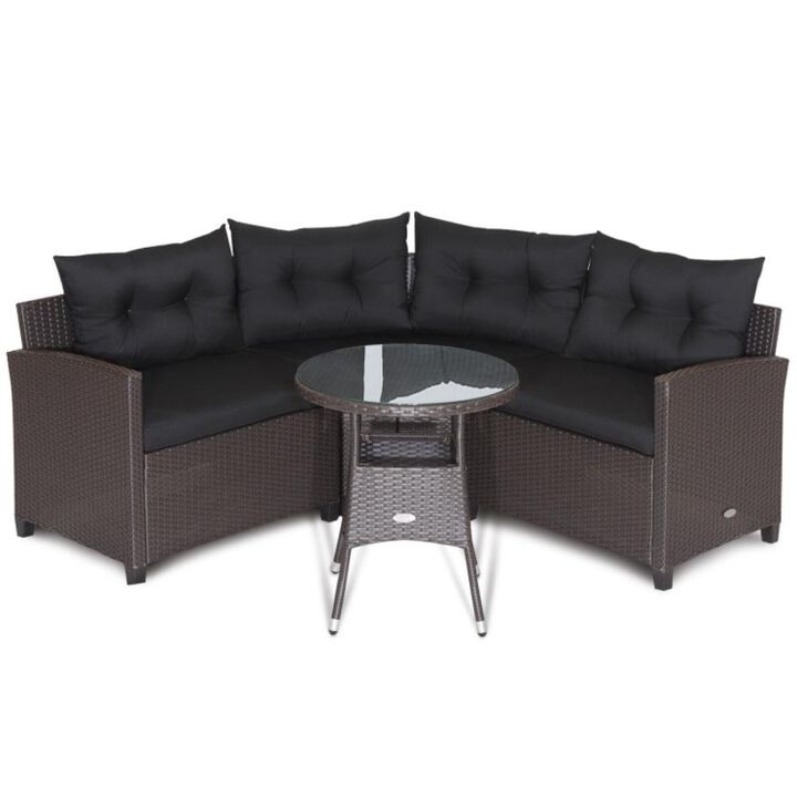 Hivvago 4 Pieces Patio Rattan Furniture Set Cushioned Sofa Glass Table