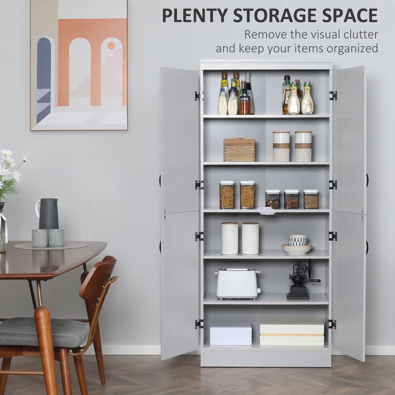 Gray Kitchen Organizer: 70" 4-Door Pantry with 6-Tier Shelving