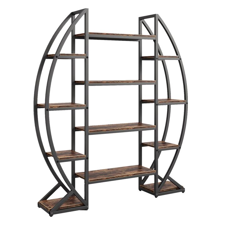 Oval Bookshelf, 12 Brown Wood Shelves, 5 Tier Black Frame, 69 Inch - Benzara