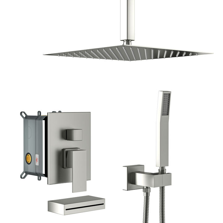12" Rain Shower Head Systems With Waterfall Tub Spout, Brushed Nickel, Ceiling Mounted Shower