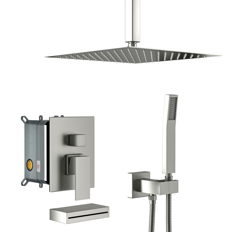 12" Rain Shower Head Systems With Waterfall Tub Spout, Brushed Nickel, Ceiling Mounted Shower