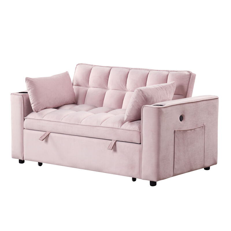 55.3" 41 Multifunctional Sofa Bed With Cup Holder And USB Port For Living Room Or Apartments Pink