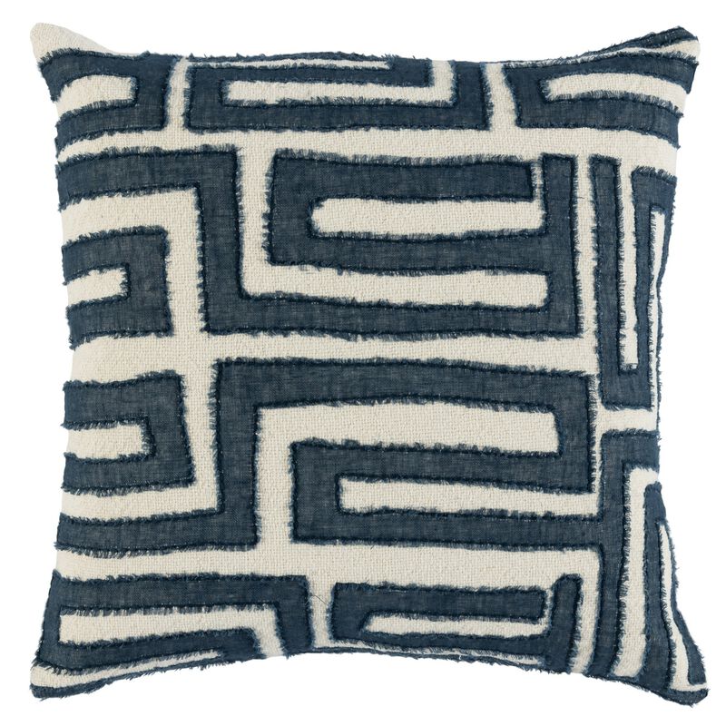 22 Inch Square Accent Throw Pillow, Hand Stitched Applique in Blue, Ivory-Benzara