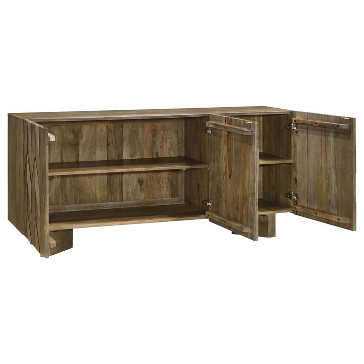 64 Inch Dining Sideboard Server, 2 Cabinets, Chevron Pattern, Mango Brown - Benzara