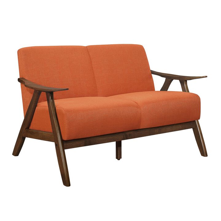 Indy 51 Inch Loveseat, Brown Wood Angled Frame, Textured Orange Fabric - Benzara Indy 51 Inch Loveseat, Brown Wood Angled Frame, Textured Orange Fabric - Benzara