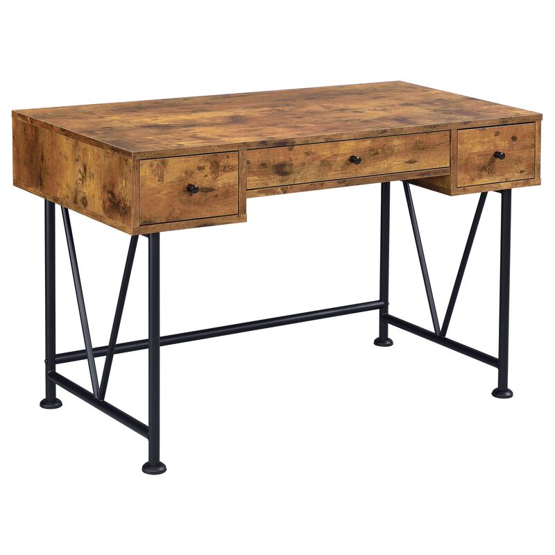2 Piece Writing Desk with Bookshelf Unit, Rustic Brown, Black Metal Frame - Benzara