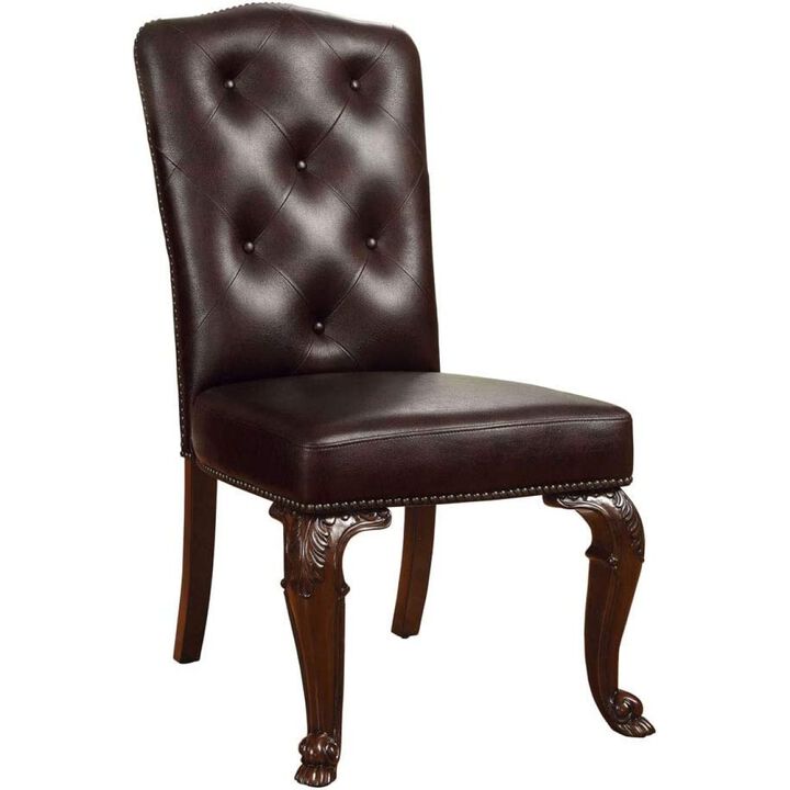 Traditional Formal Set of 2 Side Chairs Brown Cherry Solid wood Chair Padded Leatherette Tufted Upholstered Kitchen Dining Room Furniture