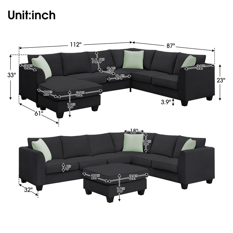 7-Seat L-Shape Modular Sectional Sofa Set with Ottoman