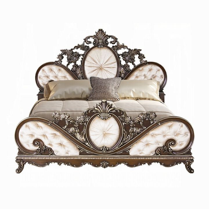 Vany Queen Bed, Scrolled Carved Headboard, Ivory Upholstery, Cherry - Benzara