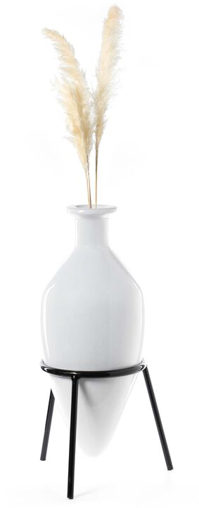 "Antique Style Vase, Old Fashioned Magnificent Amphora, Decorative Large Tall Unique Vase on Slim Black Metal Tripod Stand, 32-Inch-Tall White vase, for kitchen Dining and Living Room,"