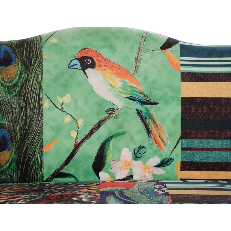 46 Inch Settee Loveseat Bench, Handcrafted Wingback Design, Bird Collage Print Velvet Fabric, Multicolor - Benzara