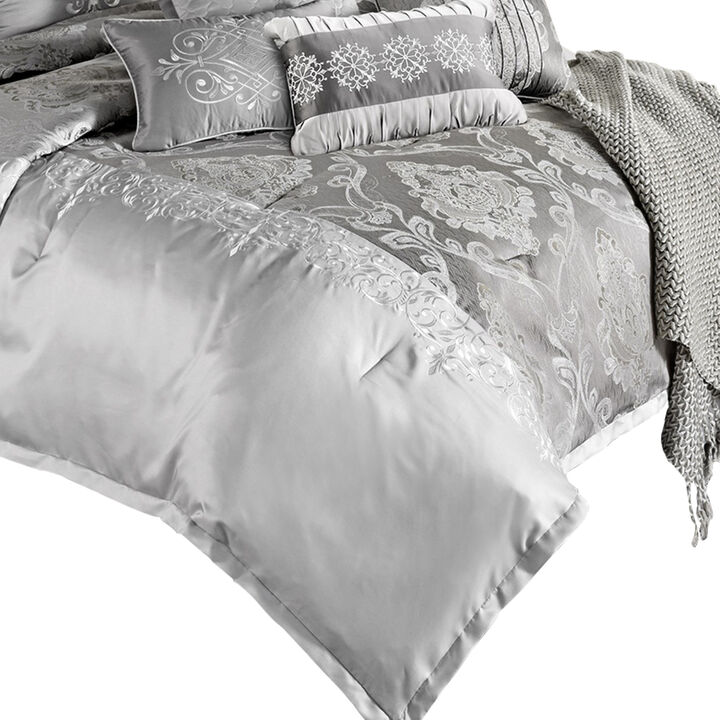 12 Piece Queen Polyester Comforter Set with Medallion Print, Platinum Gray-Benzara