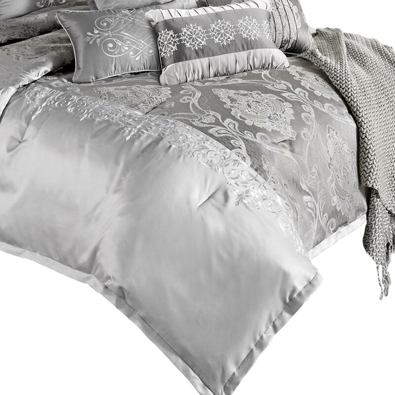 12 Piece Queen Polyester Comforter Set with Medallion Print, Platinum Gray-Benzara