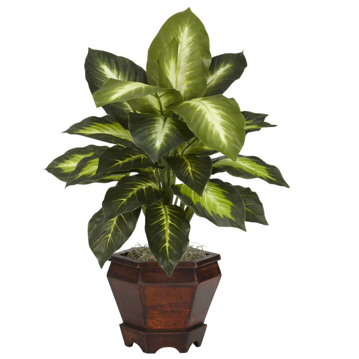 Hivvago Dieffenbachia w/Wood Vase Silk Plant (Set of 2) - Variegated