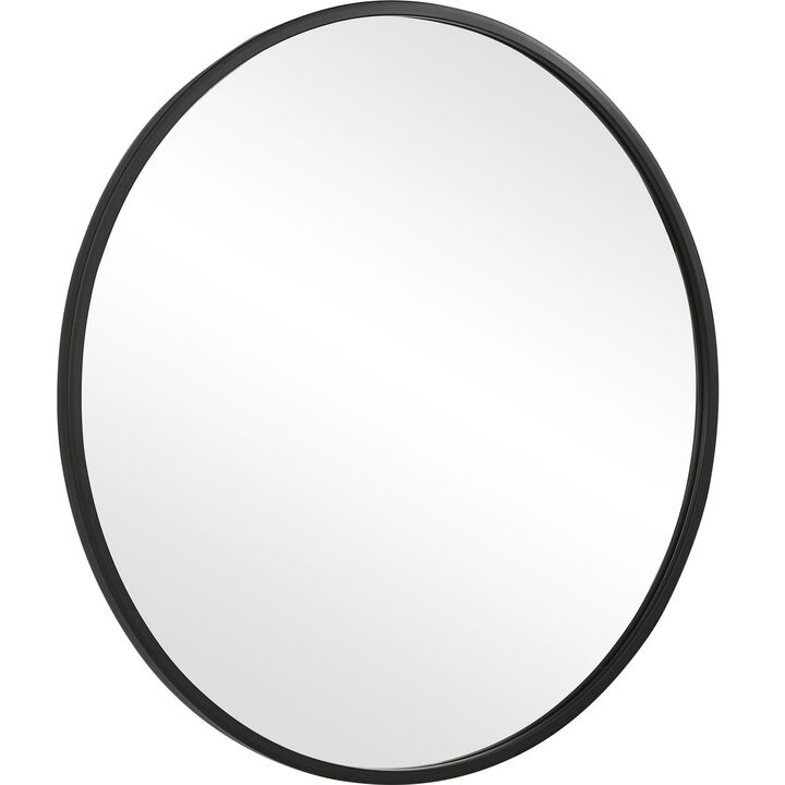 43 Inches Round Shape Sleek Frame Mirror, Black-Benzara