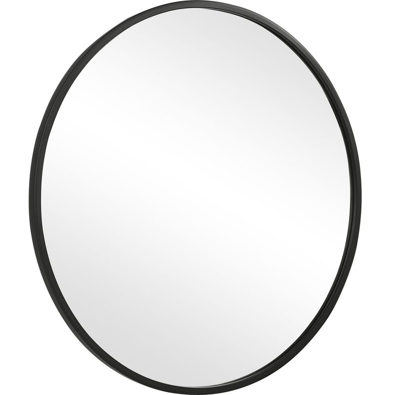 43 Inches Round Shape Sleek Frame Mirror, Black-Benzara
