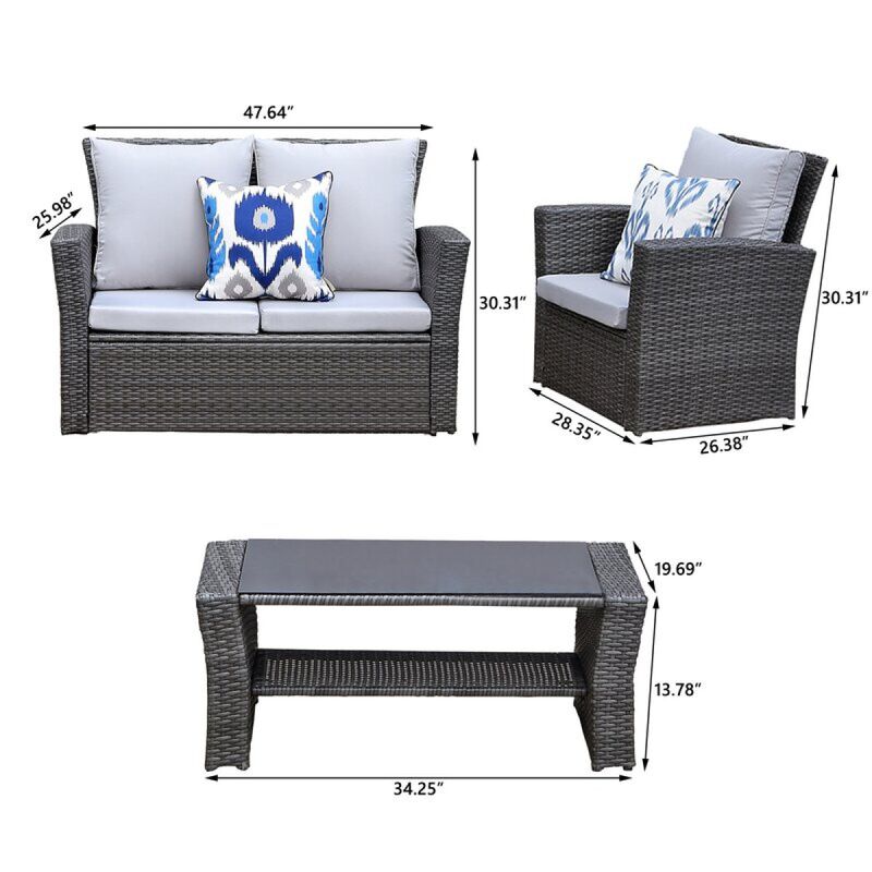 4-Pieces PE Rattan Wicker Outdoor Patio Furniture Set With Grey Cushions