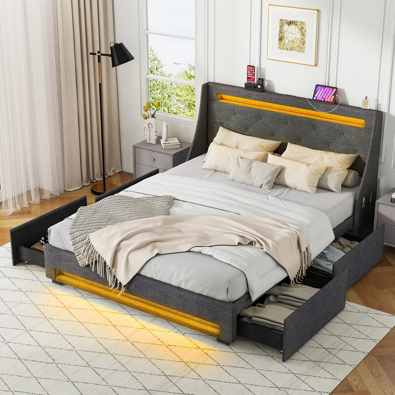 Upholstered Platform Bed Frame with LED Lights and Built-In Charging Station for Modern Convenience and Style