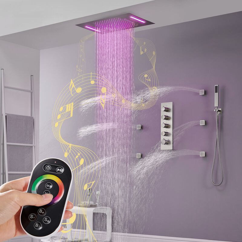 Mondawe 64 Colors LED Light and Music 3 Functions 4 Sprays Flush Ceiling Mounted Thermostatic Shower System with 6 Body Jets and Rough-in Valve in Titanium Gold