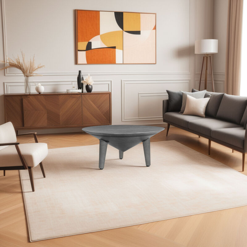 Venus Coffee Table, 28 Inch Bowl Top with 3 Tapered Splayed Legs, Antique Gray Mango Wood