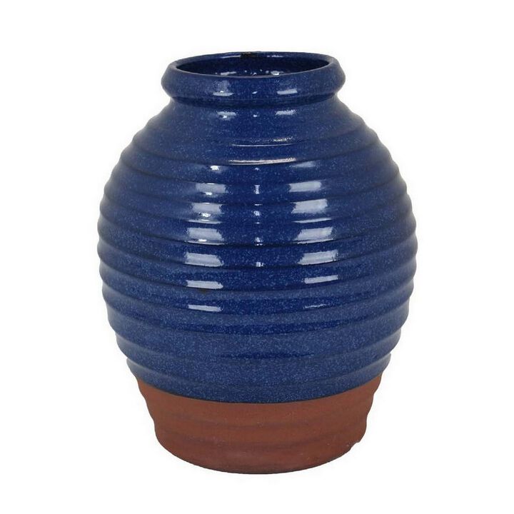 Kohl 15 Inch Decorative Vase, Pot Shape, Ceramic, Blue and Brown Finish - Benzara