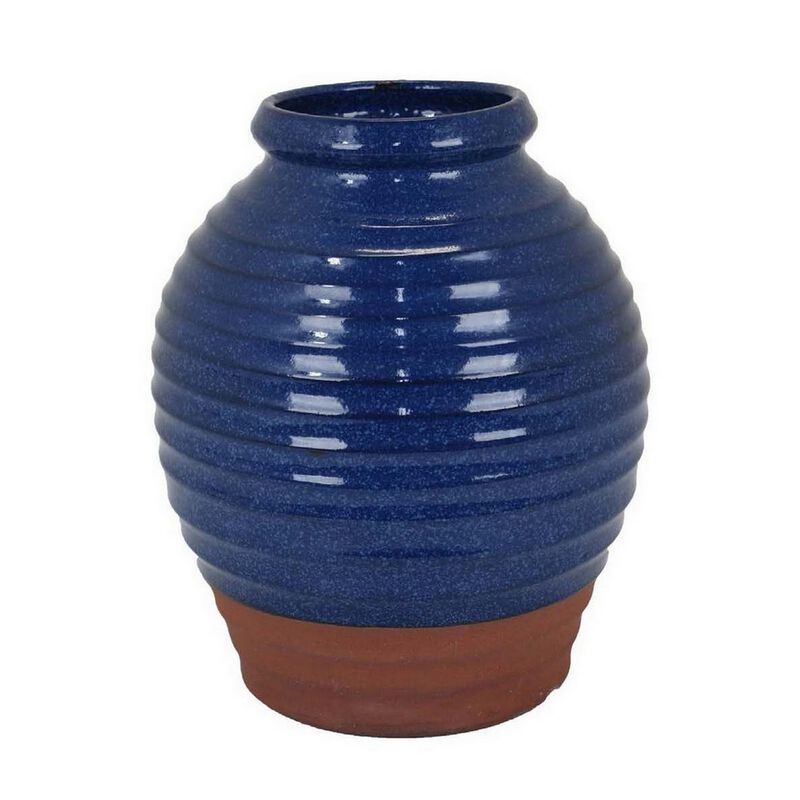 Kohl 15 Inch Decorative Vase, Pot Shape, Ceramic, Blue and Brown Finish - Benzara